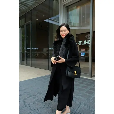 23冬季新款女装可拆卸领系带收腰狐狸毛领绵羊毛女士中长大衣外套图片