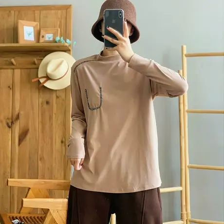 dza复古宽松半高领长袖T恤女2023秋冬内搭打底衫宽松显瘦口袋上衣商品大图