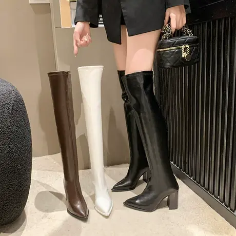 过膝长靴女2023年春秋季新款英伦风小个子显瘦靴子粗跟高跟骑士靴商品大图