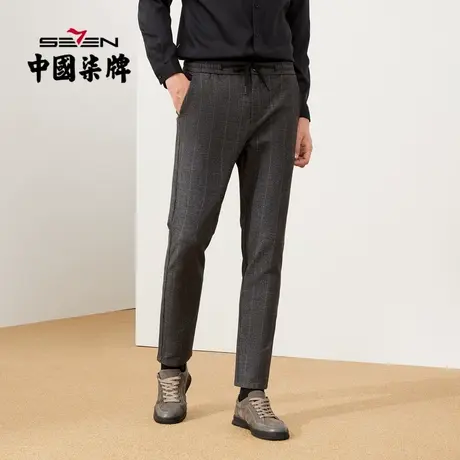 柒牌男装休闲裤冬季新款时尚百搭青年抽绳松紧长裤格子便装男裤子商品大图