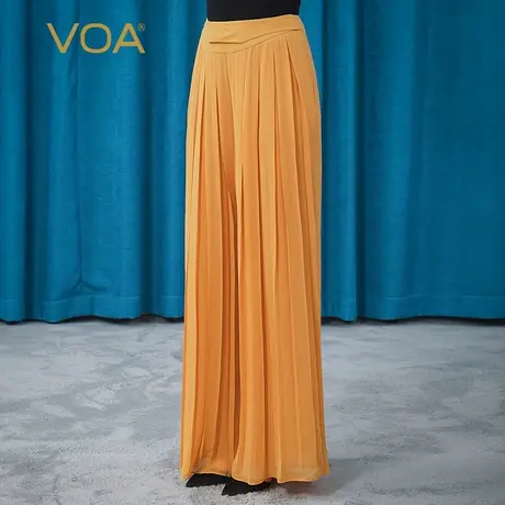 VOA真丝乔其自然腰立体装饰褶皱隐形拉链卡其色双层桑蚕丝阔腿裤图片