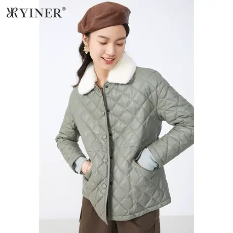 *YINER音儿奥莱女装冬季短款水貂毛领真皮羽绒服商品大图