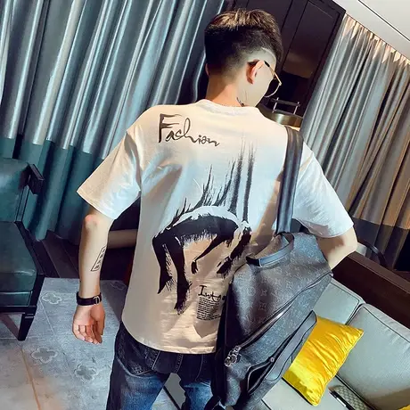 夏季短袖t恤男白色社会时尚小伙印花半截袖网红学生百搭修身t恤潮商品大图