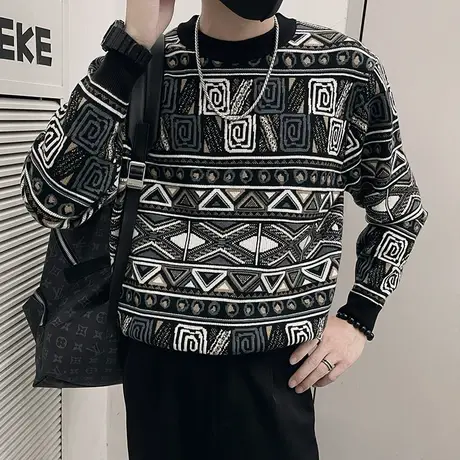 秋冬款满印几何提花毛衣男2023爆款民族风花色保暖套头针织衫线衣商品大图