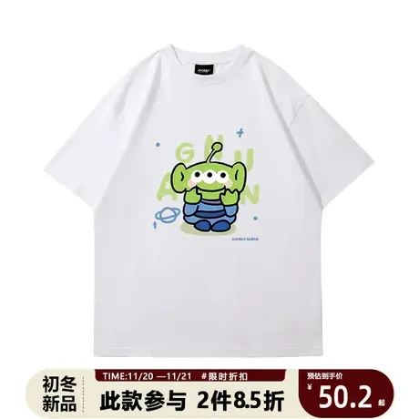 chic港风氛围感卡通外星人印花纯棉情侣短袖女夏季小众原宿风上衣商品大图