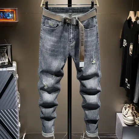夏季薄款破洞牛仔裤男修身小脚裤男士休闲九分裤男日系复古做旧款商品大图