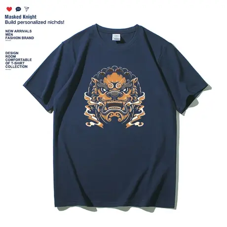 夏季新款国潮港风瑞兽狮子短袖t恤男中国风潮牌宽松学生半袖体恤商品大图