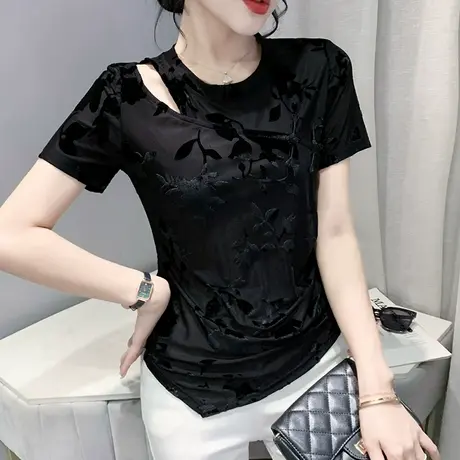 复古性感网纱短袖T恤女装下摆不规则修身收腰上衣镂空洋气小衫ins商品大图