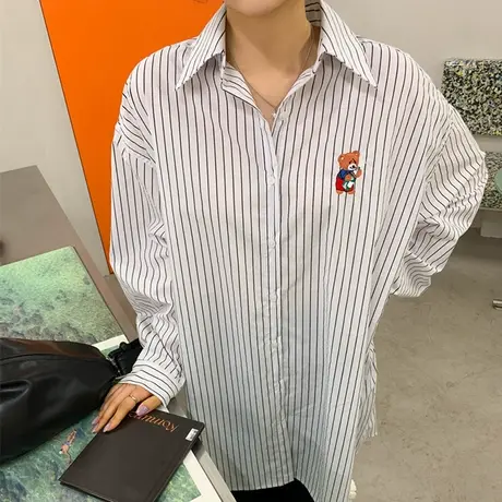 春秋新款女士长袖条纹衬衫百搭显瘦衬衣宽松刺绣上衣大码打底衫潮图片