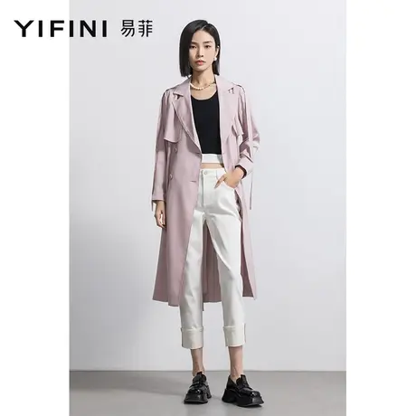 Yifini/易菲中长款风衣女2023春秋新款大翻领宽松时尚双排扣外套图片