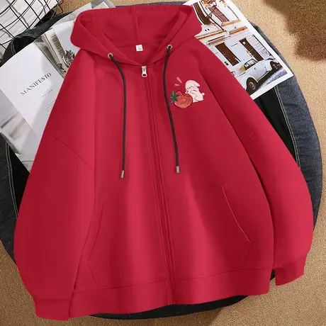 酒红色开衫卫衣女秋季2023年新款秋装小个子宽松薄款上衣连帽外套商品大图