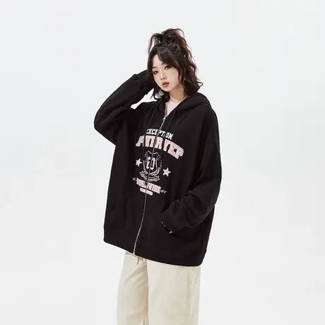 YEP美式复古印花黑色连帽卫衣女春秋2024年新款潮牌宽松开衫外套商品大图
