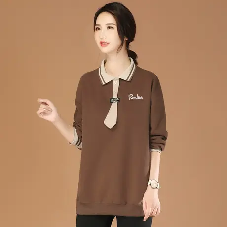 韩潮袭人POLO领中长款套头卫衣女2023秋季新款宽松休闲T恤上衣图片