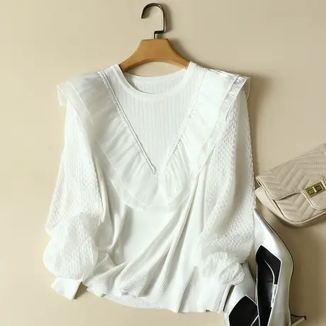 春装2024年新款雪纺袖冰丝针织衫女长袖上衣宽松蕾丝打底衫女洋气图片