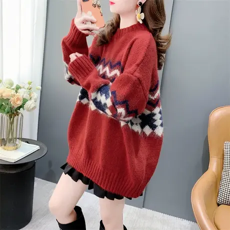 圣诞过年红色菱形圆领毛衣女套头2023年冬季新款宽松软糯流行上衣商品大图
