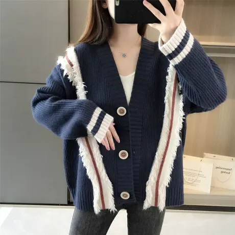 秋装新款宽松网红针织开衫外套女春秋韩版慵懒拼色温柔风外搭秋季图片