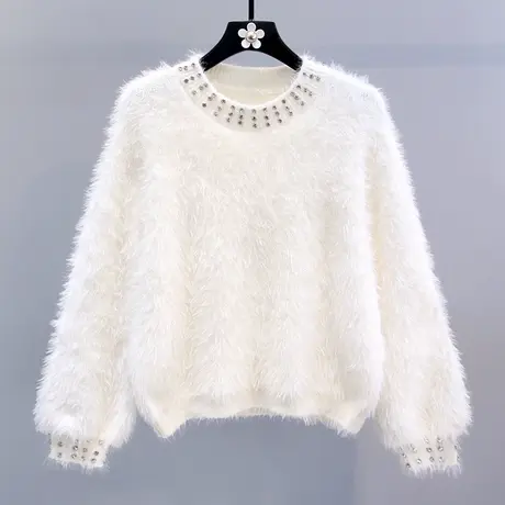 重工镶钻水貂绒毛衣女秋冬2023新款日系甜美慵懒风宽松短款针织衫商品大图