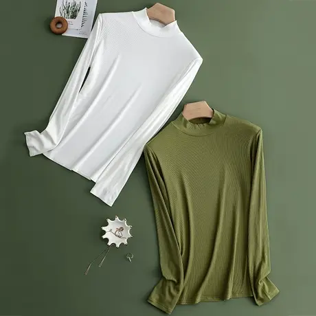 中领纯色打底衫女2024春秋新款大码薄上衣内搭小清新白色长袖T恤图片