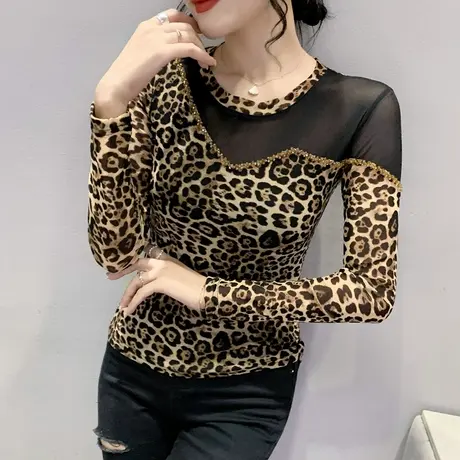 网纱拼接豹纹T恤女长袖时尚洋气修身打底衫内搭欧货性感钉珠上衣图片