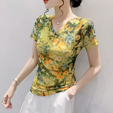 欧货网纱T恤女短袖夏天2024新款气质减龄漂亮小衫性感修身上衣女商品大图