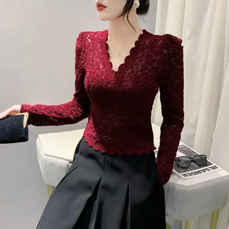 加绒V领T恤女长袖性感蕾丝网纱拼接泡泡袖上衣洋气减龄修身打底衫商品大图