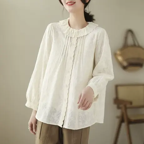 木耳边蕾丝荷叶领衬衫女设计感小众衬衣春秋法式复古气质刺绣上衣图片