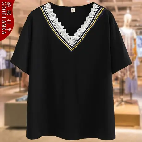 加肥加大码妈妈夏季V领上衣200斤宽松洋气蕾丝花边拼接短袖T恤女商品大图
