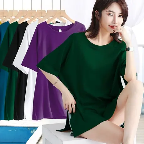 墨绿色短袖女t恤夏宽松休闲螺纹纯色上衣下摆两侧开叉大码遮屁股商品大图