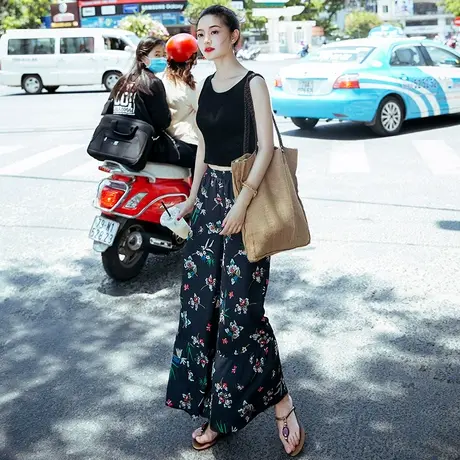 夏季新款韩版女装休闲碎花长裤子松紧高腰雪纺阔腿裤宽松女裤图片