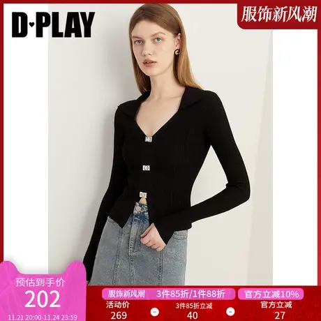 DPLAY秋法式设计感经典黑翻领镂空金属扣修身短款气质针织衫商品大图