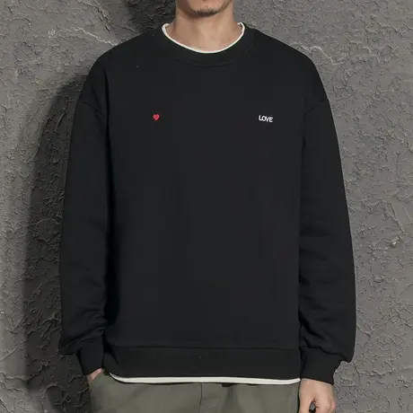 爱心刺绣圆领情侣装2021新款无帽假两件卫衣男春秋潮ins男生外套商品大图