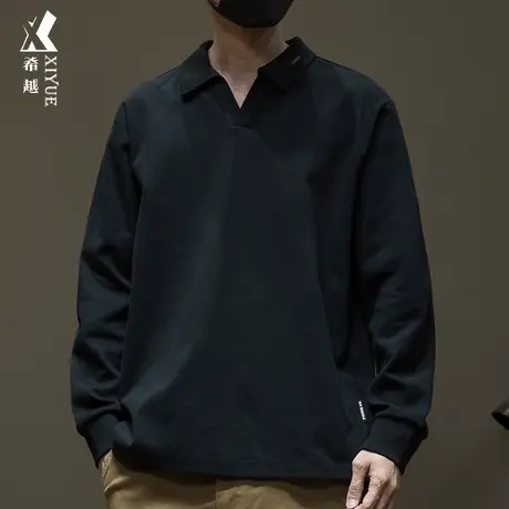 高级感Polo衫V领长袖黑T恤男士宽松大码春秋慵懒风套头重磅卫衣男商品大图