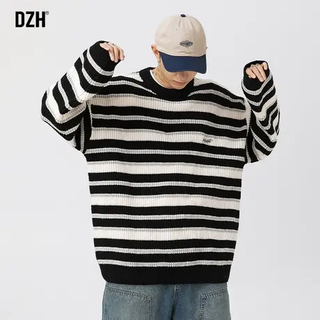 青少年黑白条纹针织衫慵懒套头毛衣男秋冬高级感2023年新款毛线衣商品大图