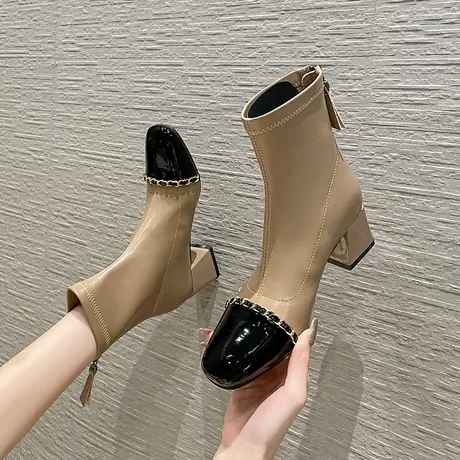 短筒弹力靴子女2023年冬季新款百搭粗跟方头漆皮拼接链条瘦瘦裸靴商品大图