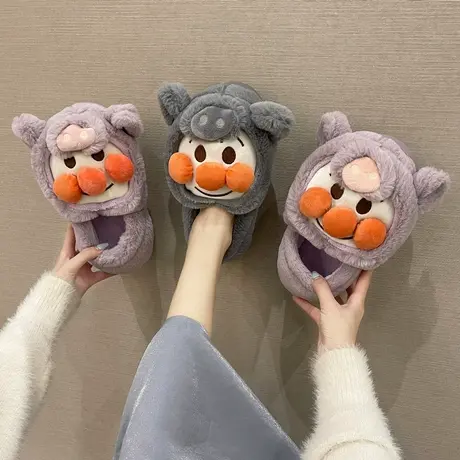 2023新款时尚棉拖鞋女包跟卡通小猪可爱防滑厚底可外穿毛绒家居鞋商品大图
