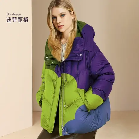 迪菲丽格欧美重工潮流拼色连帽羽绒服女2023新款冬季中长款面包服图片