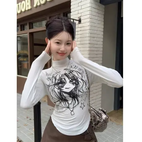 白色半高领德绒磨毛打底衫女秋冬季卡通印花长袖T恤显瘦内搭上衣商品大图