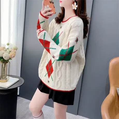 复古撞色菱格毛衣女冬季2023新款韩版高级感麻花圆领套头打底上衣商品大图