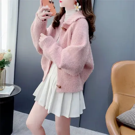 韩系复古娃娃领毛衣开衫女秋冬2023新款宽松小个子牛角扣针织外套图片