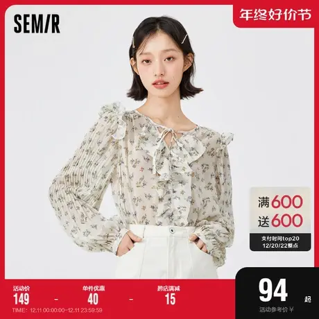 森马长袖衬衫女碎花雪纺荷叶边叠穿2022秋季新款法式别致上衣宽松图片