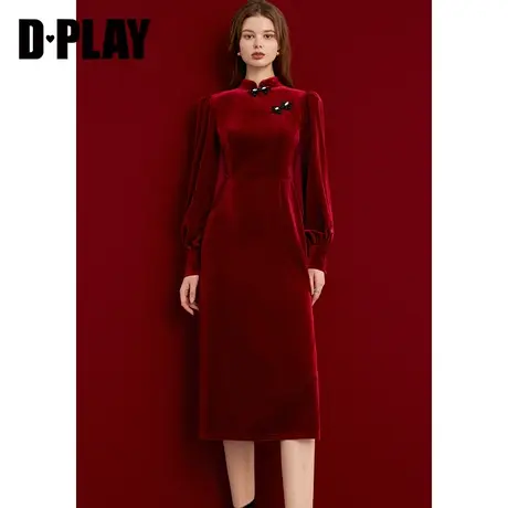 DPLAY春季新款红色新中式丝绒立领国风旗袍裙敬酒服礼服裙连衣裙图片