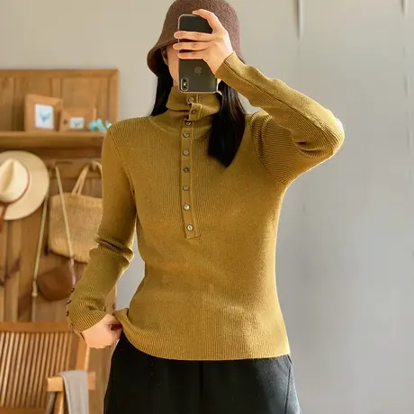 dza 复古羔羊绒纽扣高领针织打底衫秋冬内搭漂亮毛衣宽松套头上衣图片