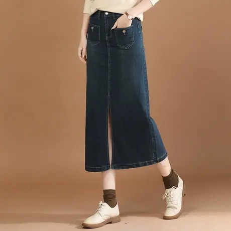 韩潮袭人复古高腰开叉半身裙女2024春季新款百搭显瘦A字牛仔裙图片