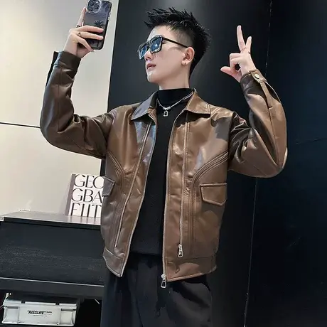 皮衣外套男春秋款潮流痞帅休闲口袋皮夹克短款痞帅机车服夹克上衣商品大图