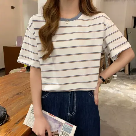 唐狮2024新款条纹短袖女T恤夏chic内搭打底衫上衣女设计感小众1.3商品大图