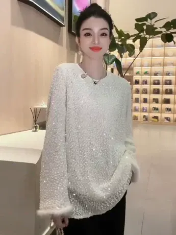 气质重工亮片早春季新款2024宽松长袖遮肉网红内搭外穿圆领打底衫图片