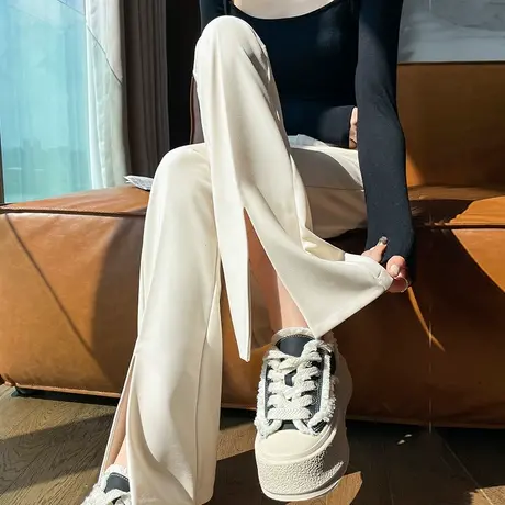 杏色开叉喇叭裤女2024新款春秋高腰显瘦小个子弹力修身微喇西装裤商品大图