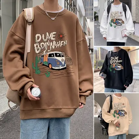 美式复古卡通圆领卫衣男秋冬季宽松ins潮牌高街情侣装长袖上衣潮商品大图