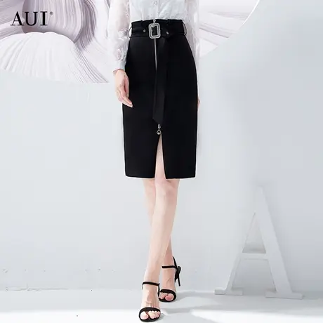 AUI黑色百搭高腰半身裙女2024夏季新款设计感通勤开叉修身包臀裙图片