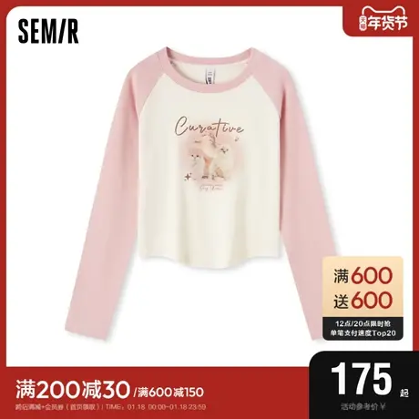 [商场同款]森马长袖T恤女短款紧身猫咪插肩袖2024春季新款套头衫商品大图